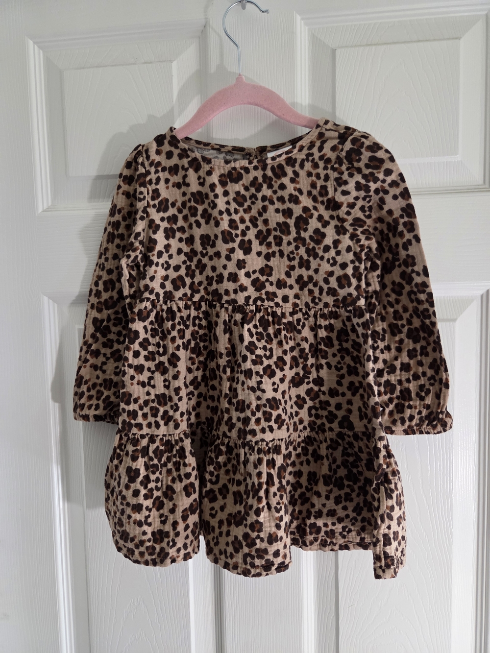 wonder nation Leopard Print Tiered Long Sleeve Dress - Tan and Brown